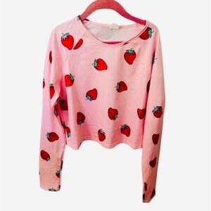 Shein Pink Strawberry Print Girls 11-12 Long Sleeve‎ Crop Top Shirt